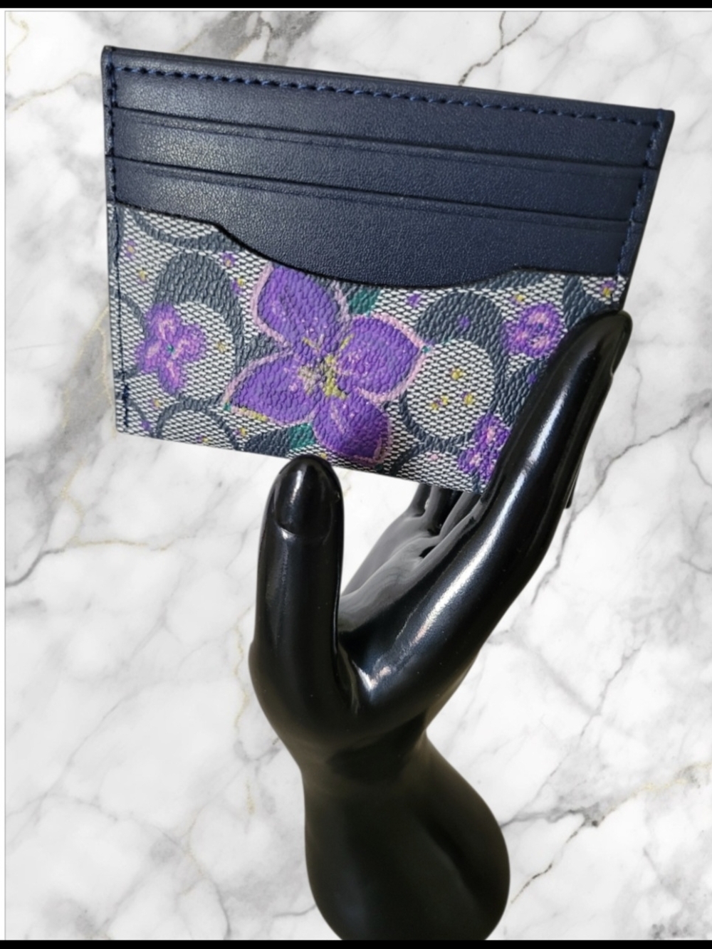 Hand Painted Purple Floral Card Holder with Navy Trim NWOT